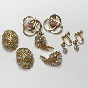 Vintage Rhinestone Heart Gold Tone Clip On Earring Lot Set of 4 Pairs Jewelry